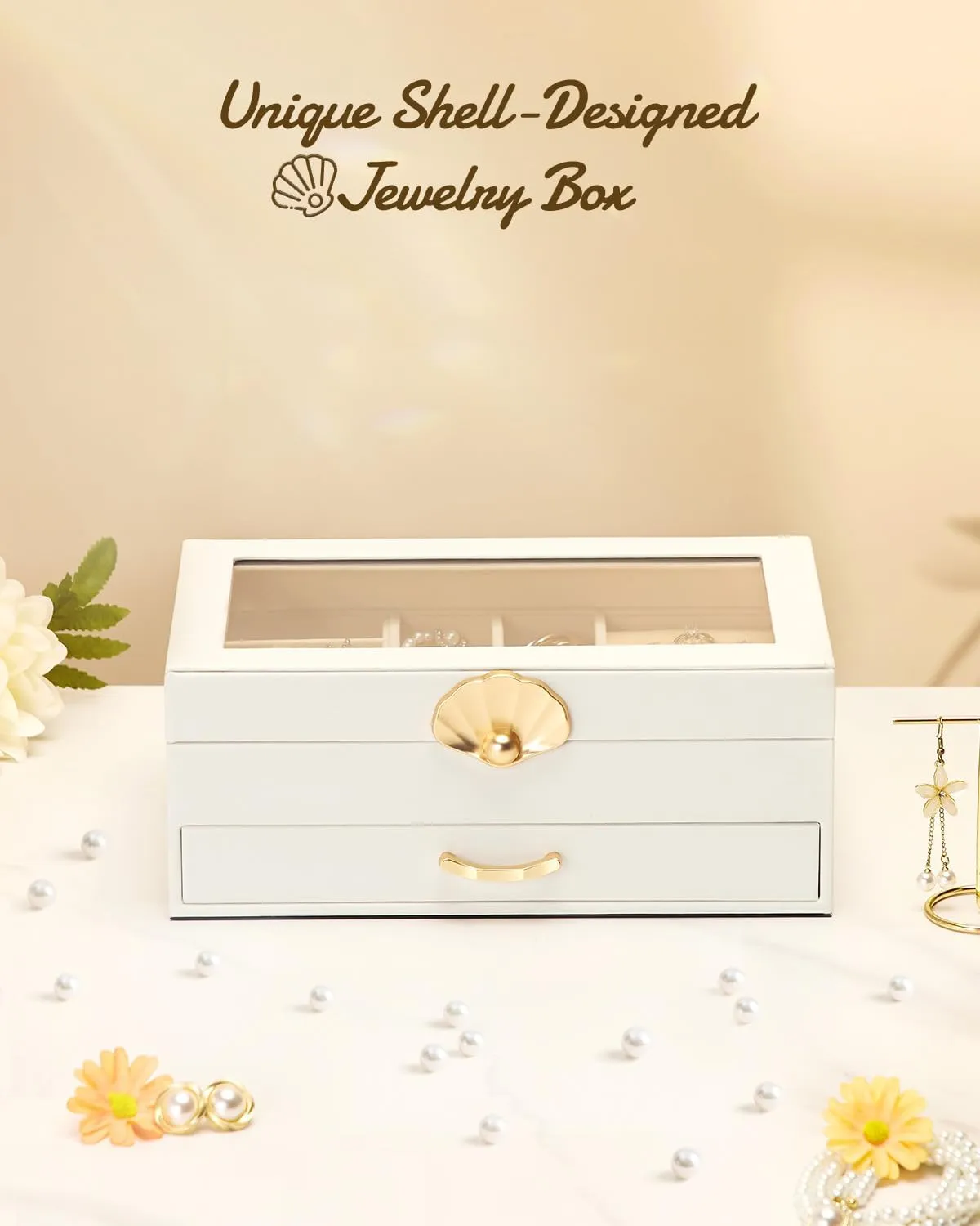 Jewelry Box with 1 Drawers: Display Organizer for Earrings Necklaces - Gift for Girls Women (White)