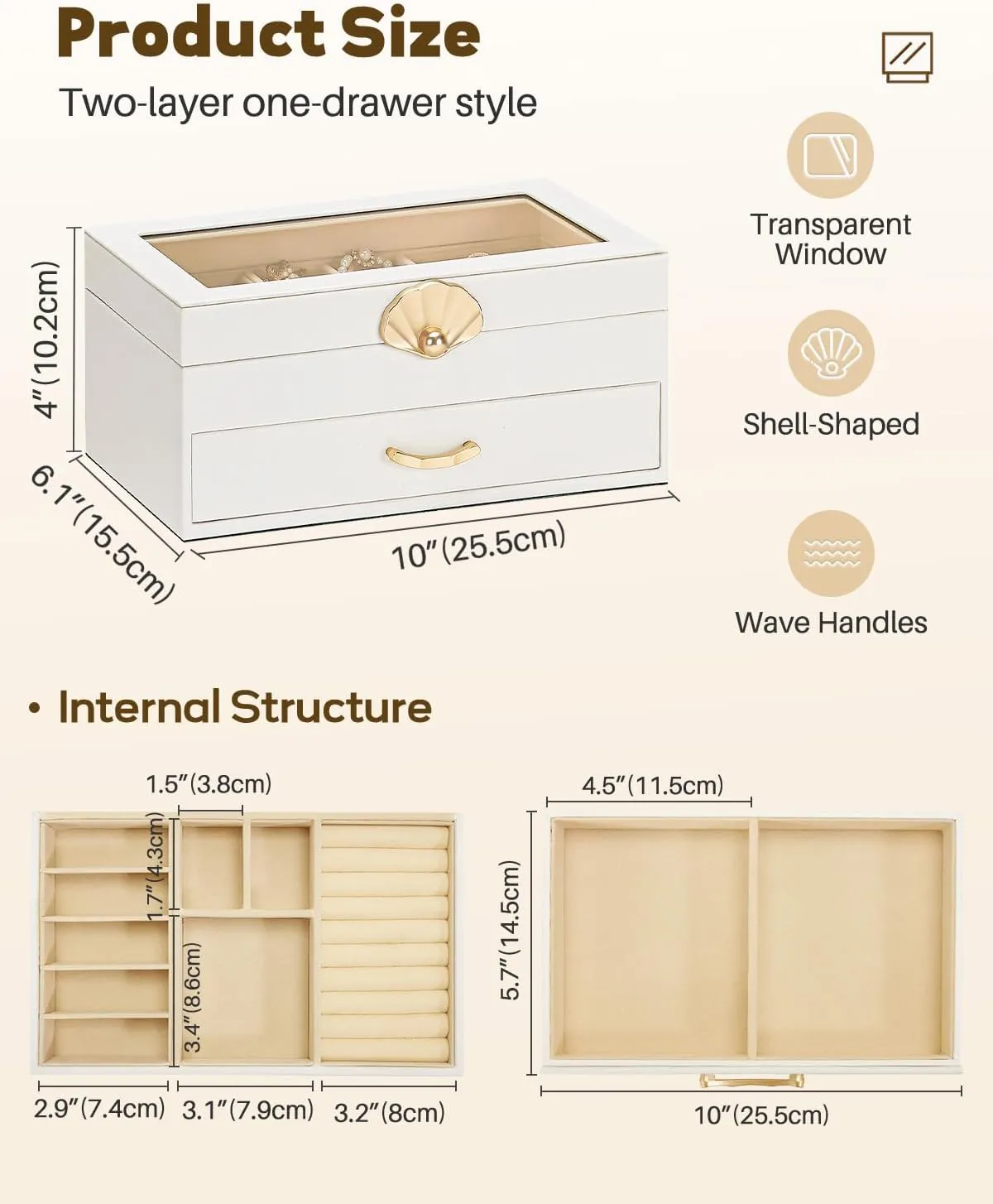 Jewelry Box with 1 Drawers: Display Organizer for Earrings Necklaces - Gift for Girls Women (White)