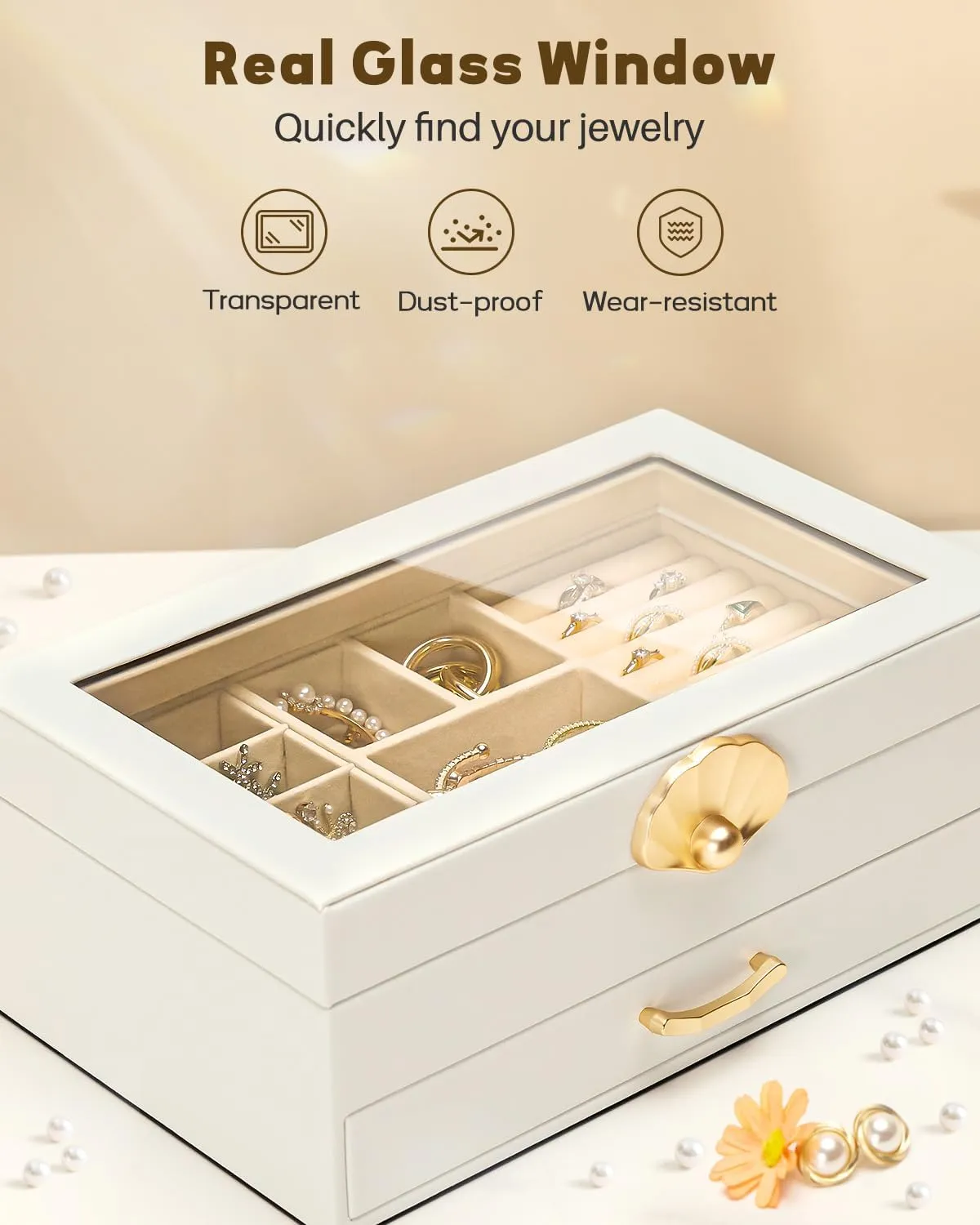 Jewelry Box with 1 Drawers: Display Organizer for Earrings Necklaces - Gift for Girls Women (White)