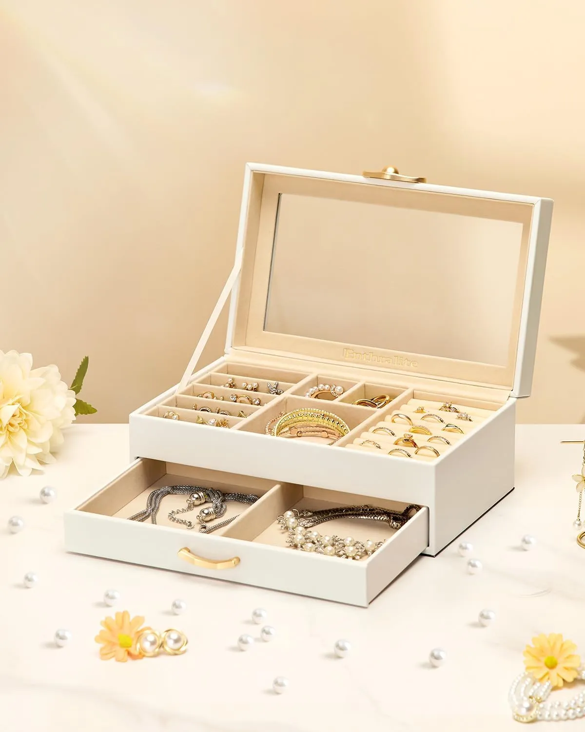 Jewelry Box with 1 Drawers: Display Organizer for Earrings Necklaces - Gift for Girls Women (White)
