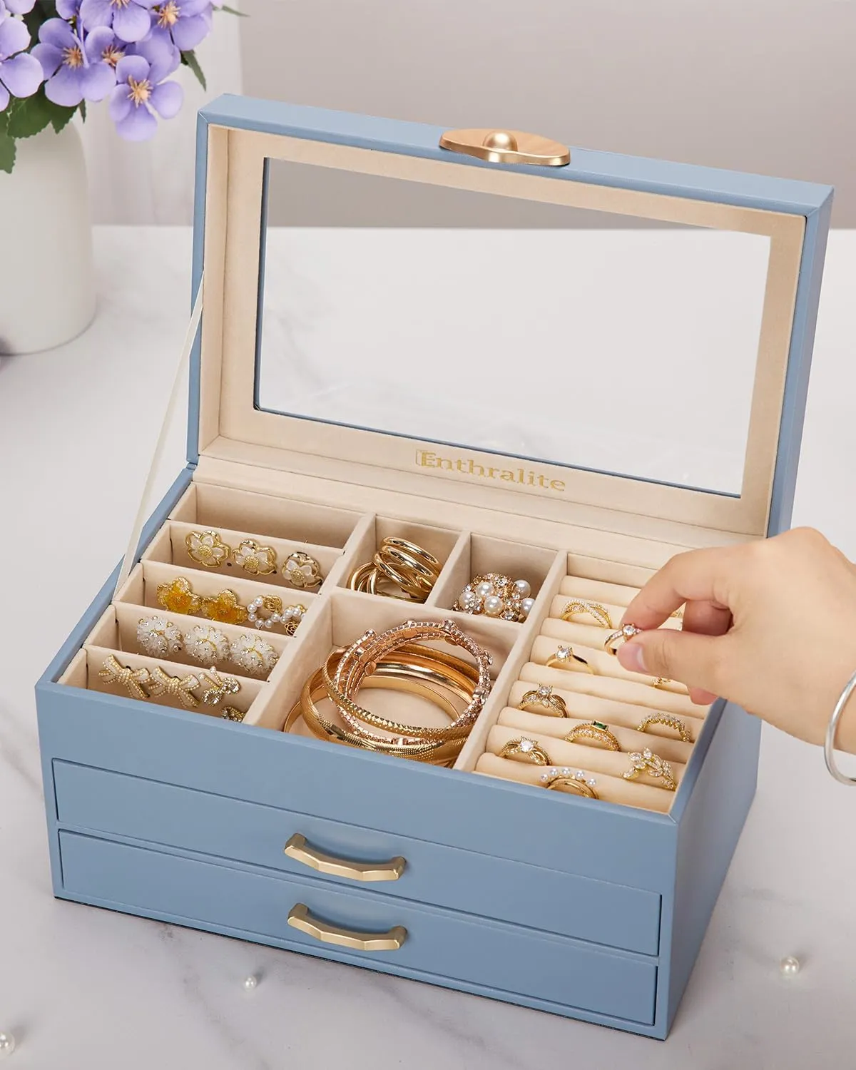 Jewelry Box with 2 Drawers: Jewelry Display Organizer for Earrings Necklaces - Gift for Girls Women (Grey Blue)