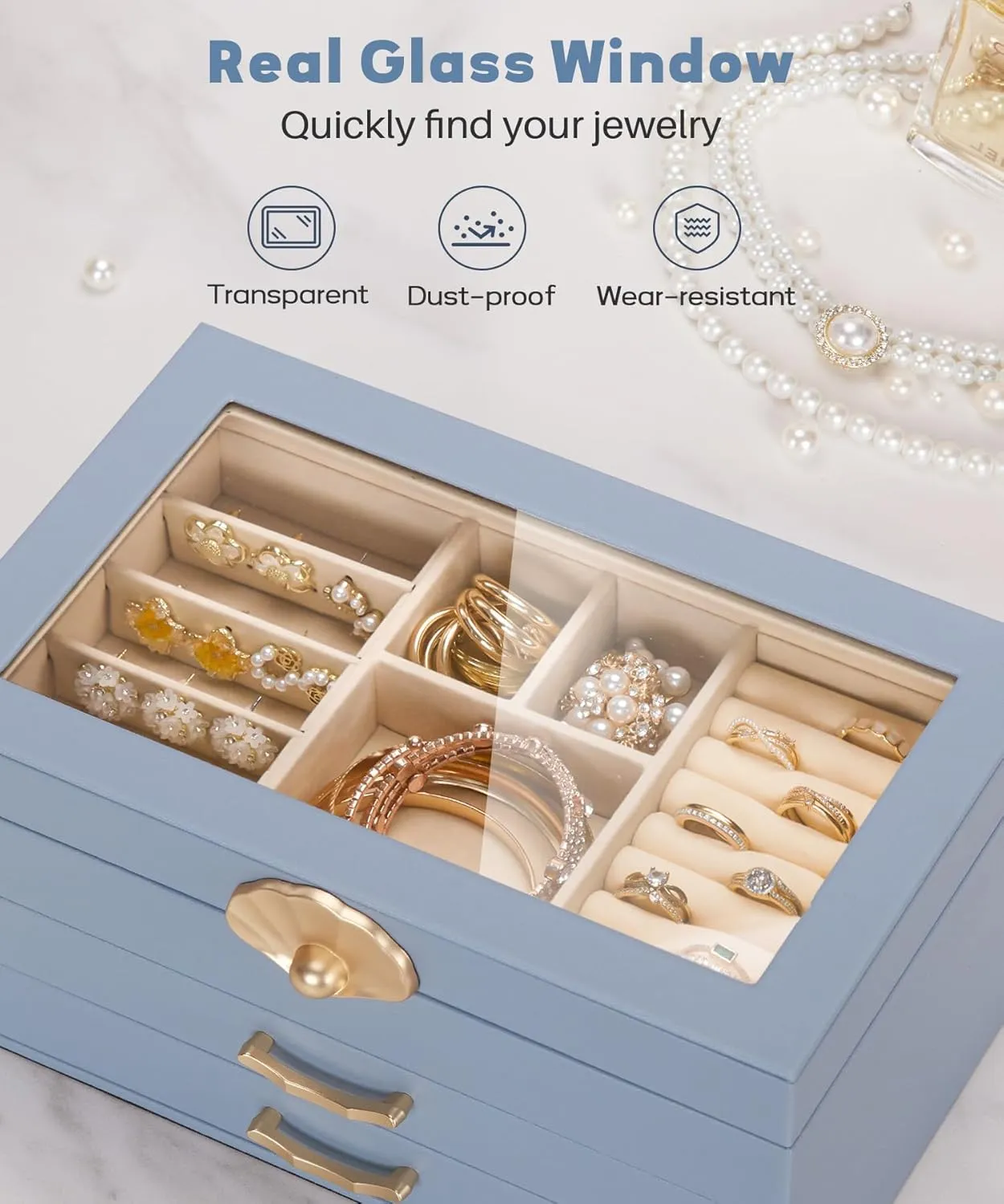 Jewelry Box with 2 Drawers: Jewelry Display Organizer for Earrings Necklaces - Gift for Girls Women (Grey Blue)