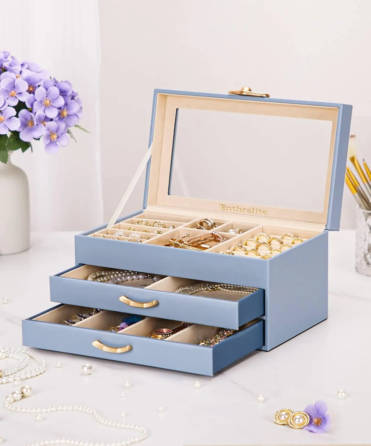 Jewelry Box with 2 Drawers: Jewelry Display Organizer for Earrings Necklaces - Gift for Girls Women (Grey Blue)