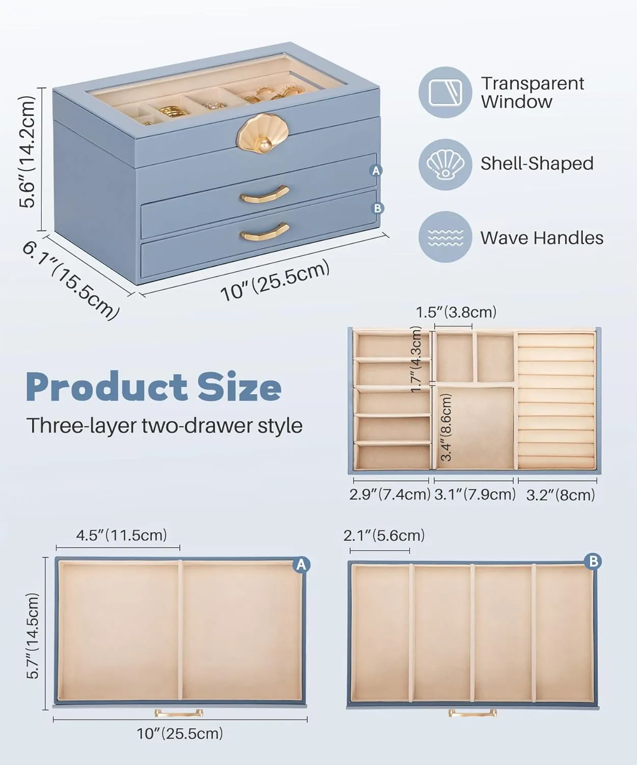 Jewelry Box with 2 Drawers: Jewelry Display Organizer for Earrings Necklaces - Gift for Girls Women (Grey Blue)