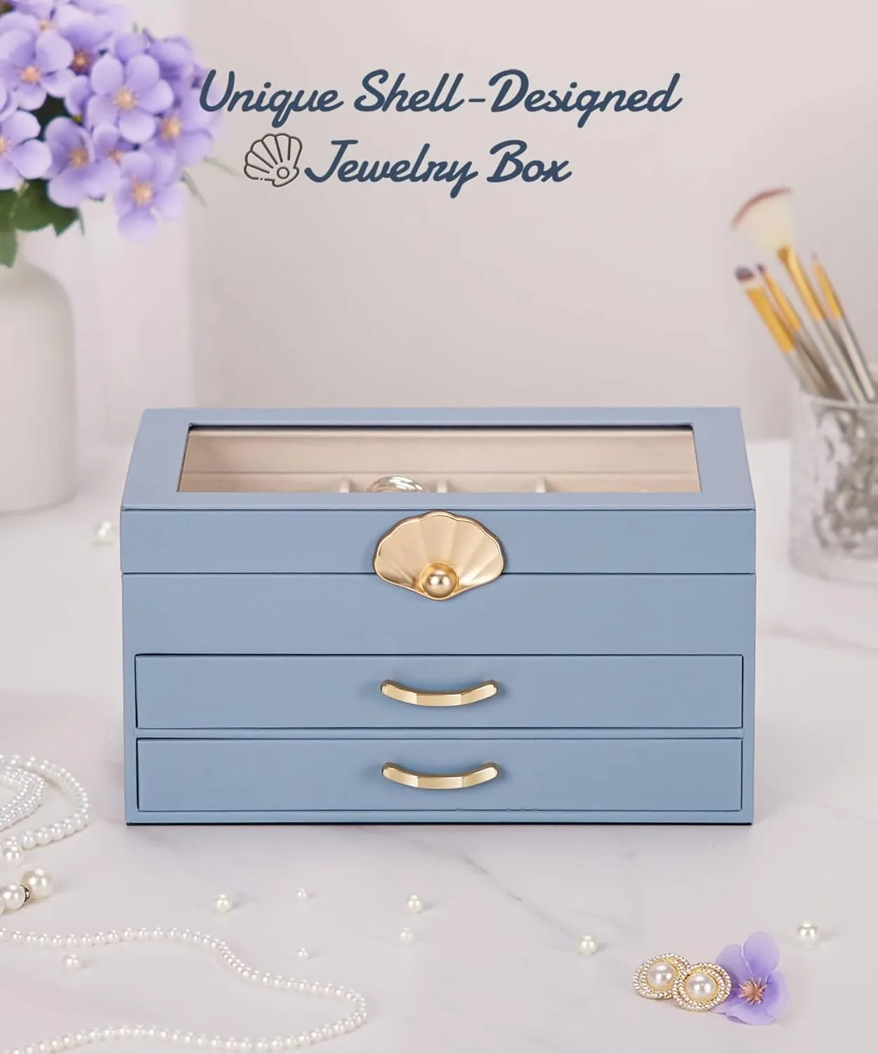 Jewelry Box with 2 Drawers: Jewelry Display Organizer for Earrings Necklaces - Gift for Girls Women (Grey Blue)