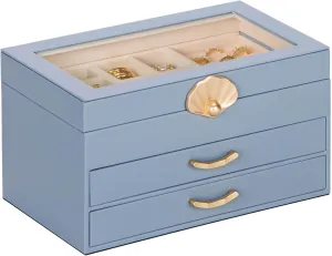 Jewelry Box with 2 Drawers: Jewelry Display Organizer for Earrings Necklaces - Gift for Girls Women (Grey Blue)