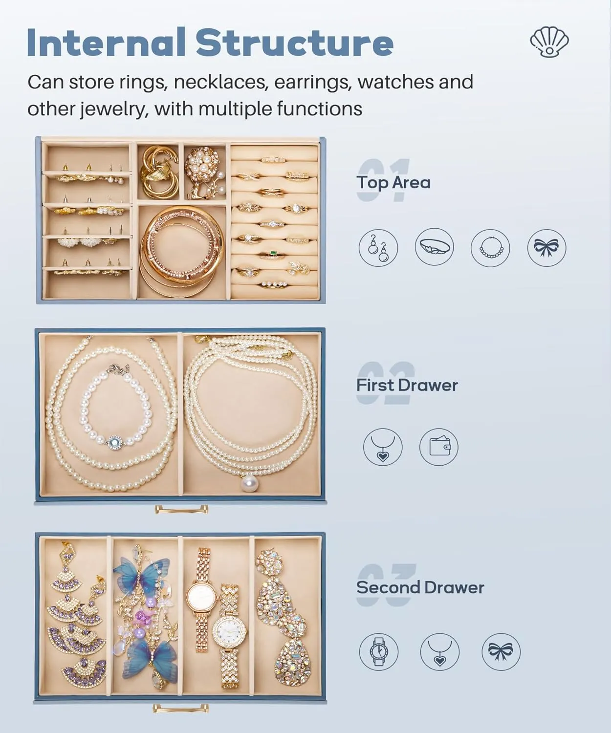 Jewelry Box with 2 Drawers: Jewelry Display Organizer for Earrings Necklaces - Gift for Girls Women (Grey Blue)