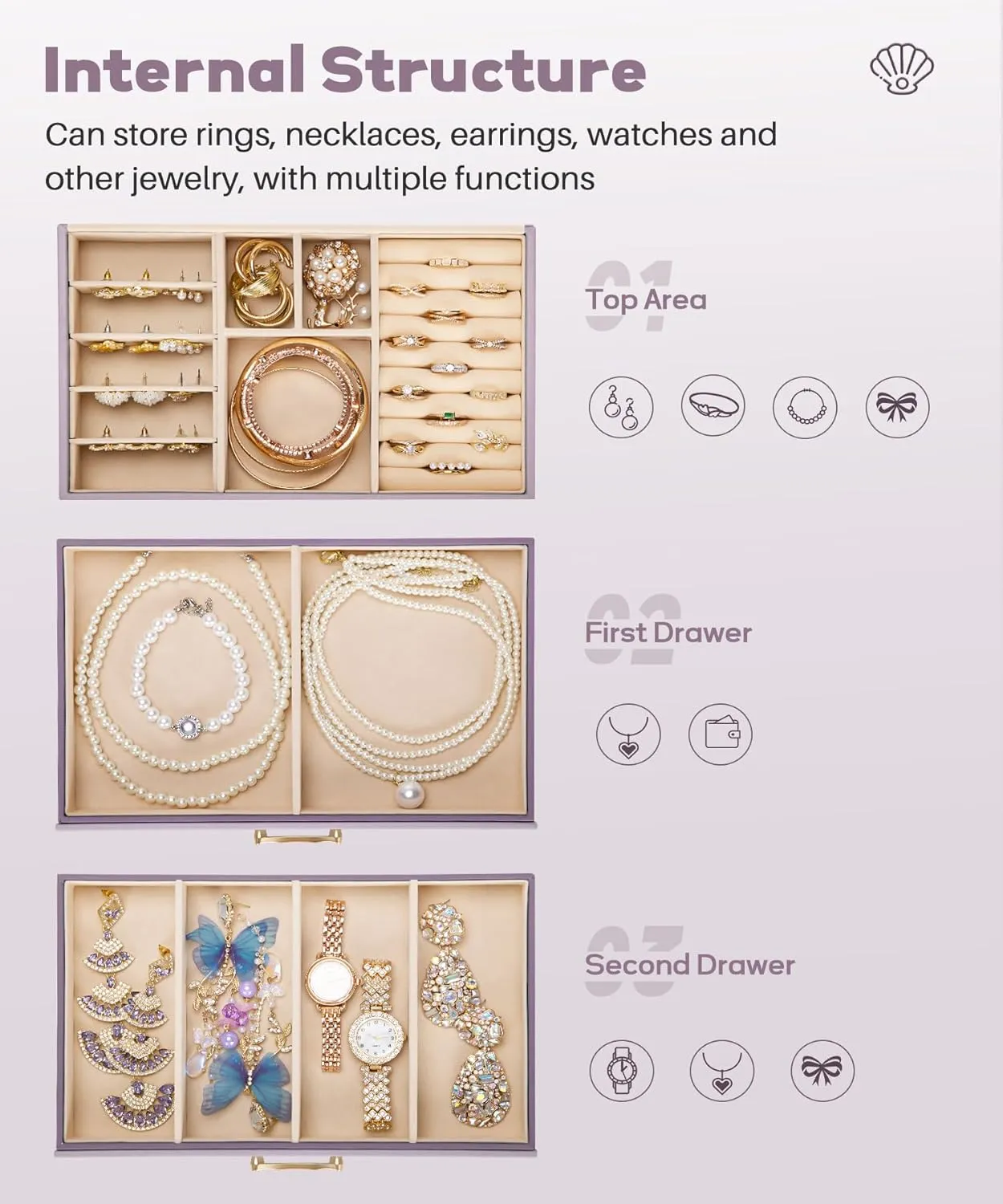 Jewelry Box with 2 Drawers: Jewelry Display Organizer for Earrings Necklaces - Gift for Girls Women (Grey Purple)