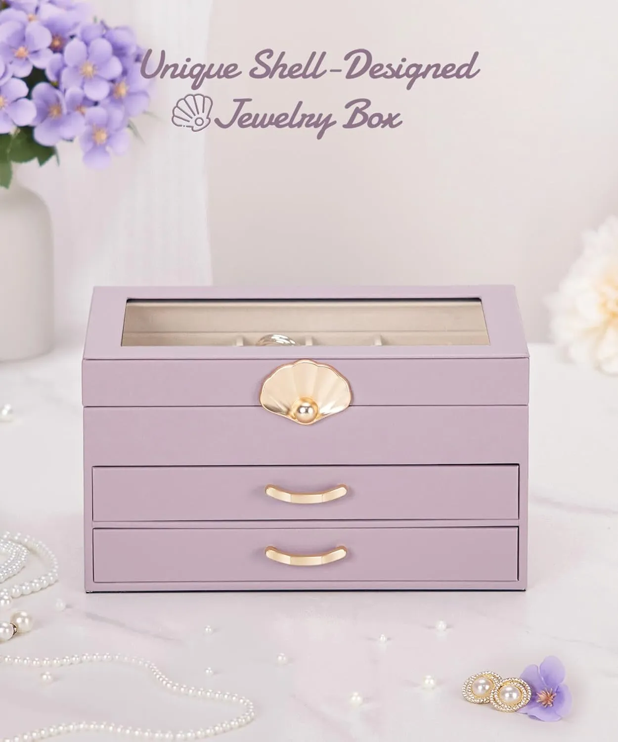 Jewelry Box with 2 Drawers: Jewelry Display Organizer for Earrings Necklaces - Gift for Girls Women (Grey Purple)