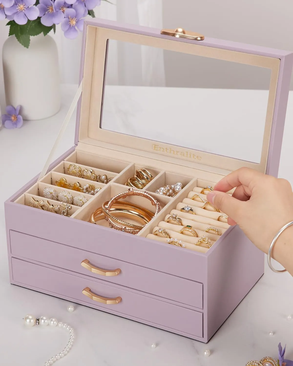 Jewelry Box with 2 Drawers: Jewelry Display Organizer for Earrings Necklaces - Gift for Girls Women (Grey Purple)