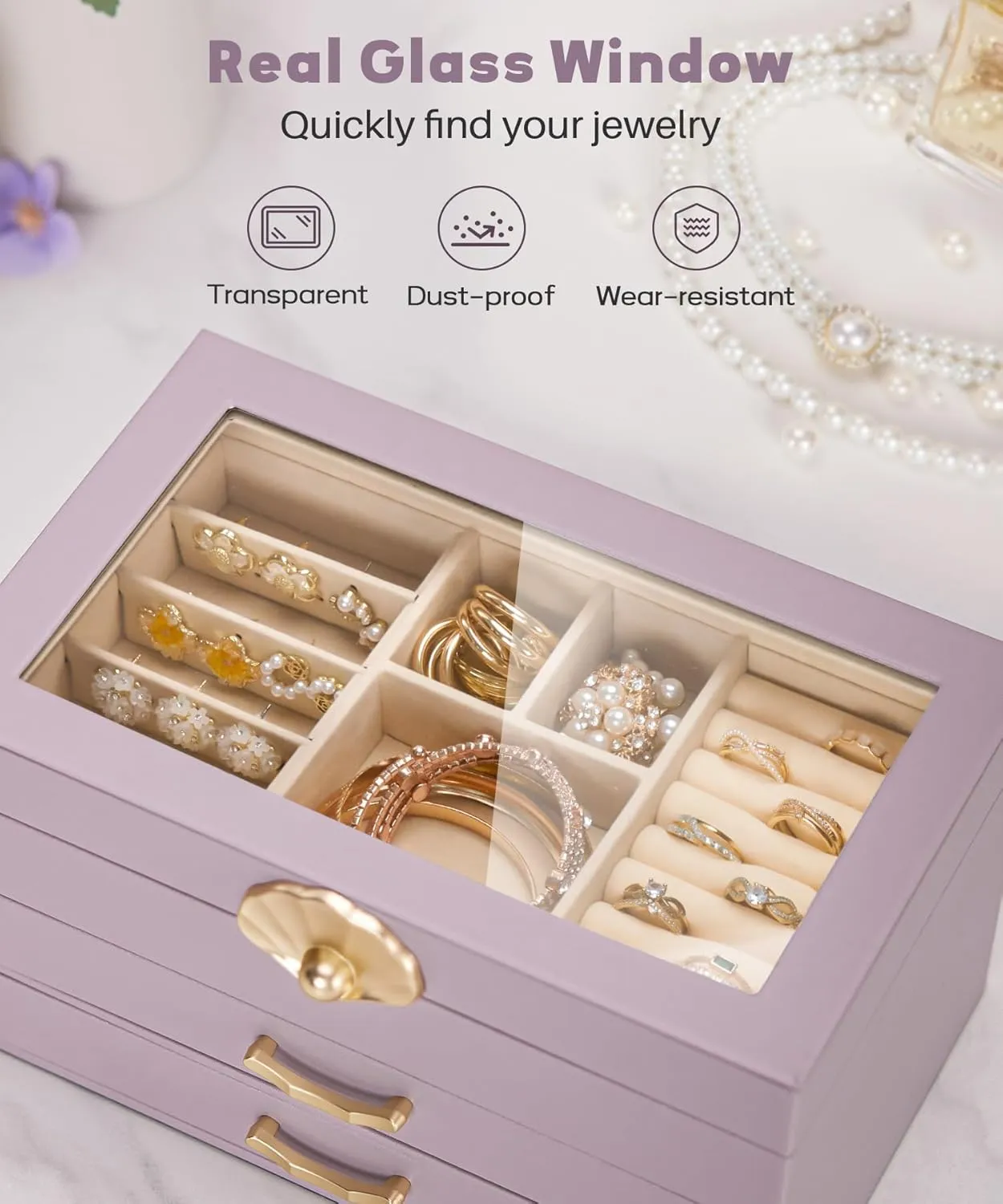 Jewelry Box with 2 Drawers: Jewelry Display Organizer for Earrings Necklaces - Gift for Girls Women (Grey Purple)
