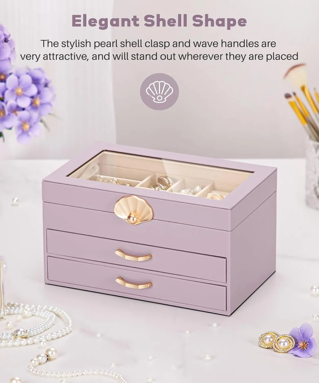 Jewelry Box with 2 Drawers: Jewelry Display Organizer for Earrings Necklaces - Gift for Girls Women (Grey Purple)