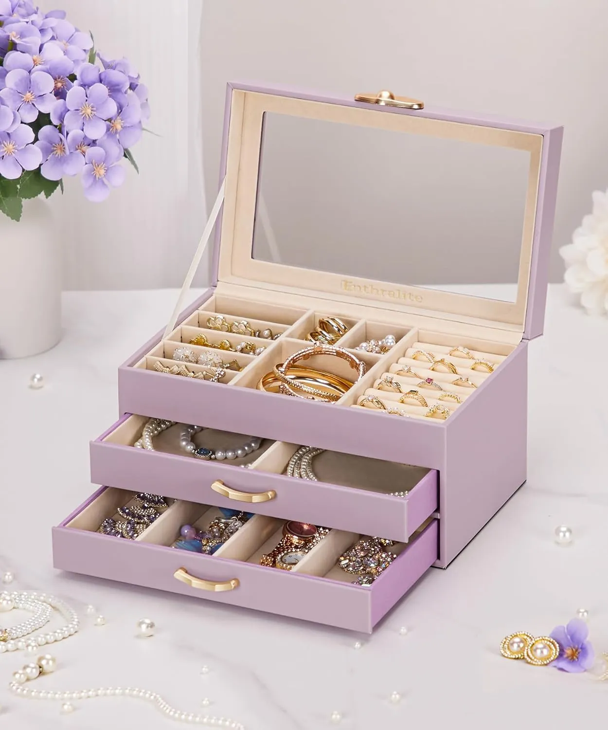 Jewelry Box with 2 Drawers: Jewelry Display Organizer for Earrings Necklaces - Gift for Girls Women (Grey Purple)