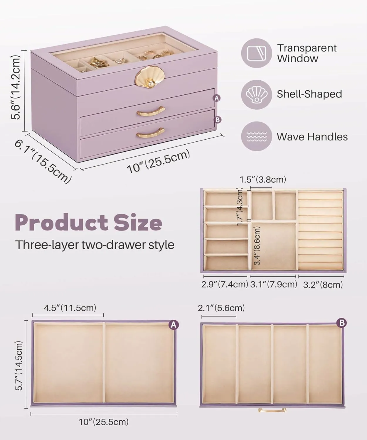 Jewelry Box with 2 Drawers: Jewelry Display Organizer for Earrings Necklaces - Gift for Girls Women (Grey Purple)
