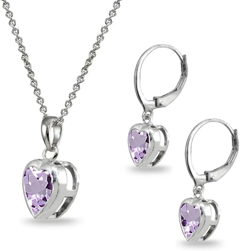Jewelry Sets for Women, Heart Necklace and Earring Sets for Women, Birthstone Jewelry, Bezel-Set Genuine or Synthetic Gems, Pendant Necklace, Short Necklace, Dangle Earrings, Sterling Silver Jewelry