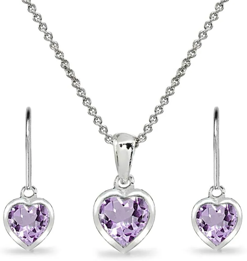 Jewelry Sets for Women, Heart Necklace and Earring Sets for Women, Birthstone Jewelry, Bezel-Set Genuine or Synthetic Gems, Pendant Necklace, Short Necklace, Dangle Earrings, Sterling Silver Jewelry