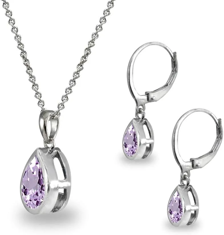 Jewelry Sets for Women, Necklace and Earring Set for Women, Birthstone Jewelry, Genuine or Synthetic Gems, Teardrop Bezel, Pendant Necklace, Short Necklace, Dangle Earrings, Sterling Silver Jewelry