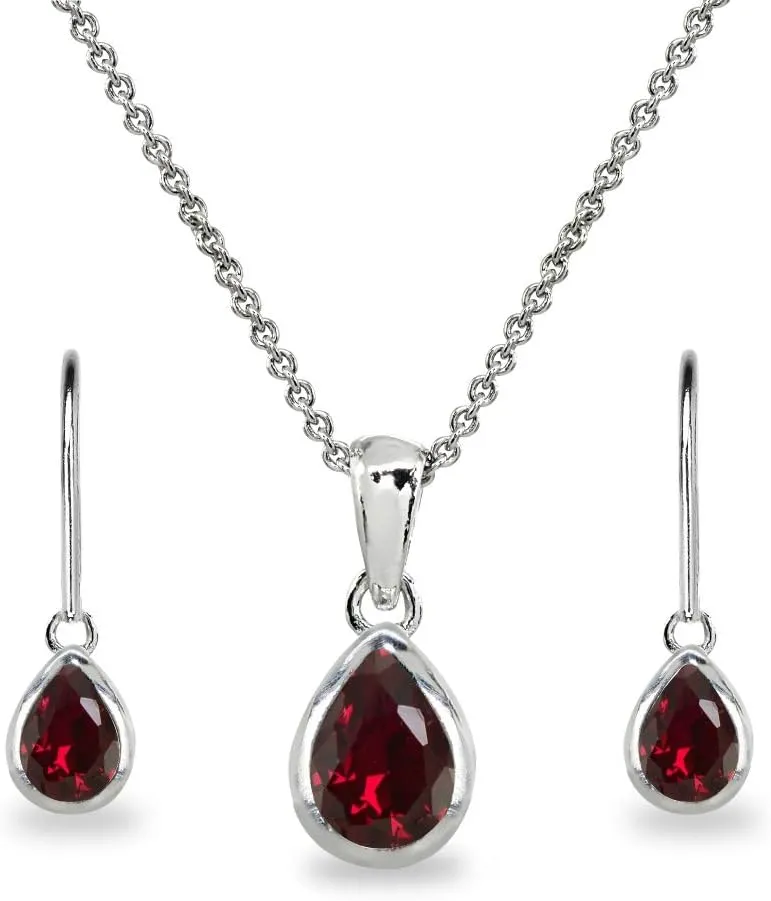 Jewelry Sets for Women, Necklace and Earring Set for Women, Birthstone Jewelry, Genuine or Synthetic Gems, Teardrop Bezel, Pendant Necklace, Short Necklace, Dangle Earrings, Sterling Silver Jewelry
