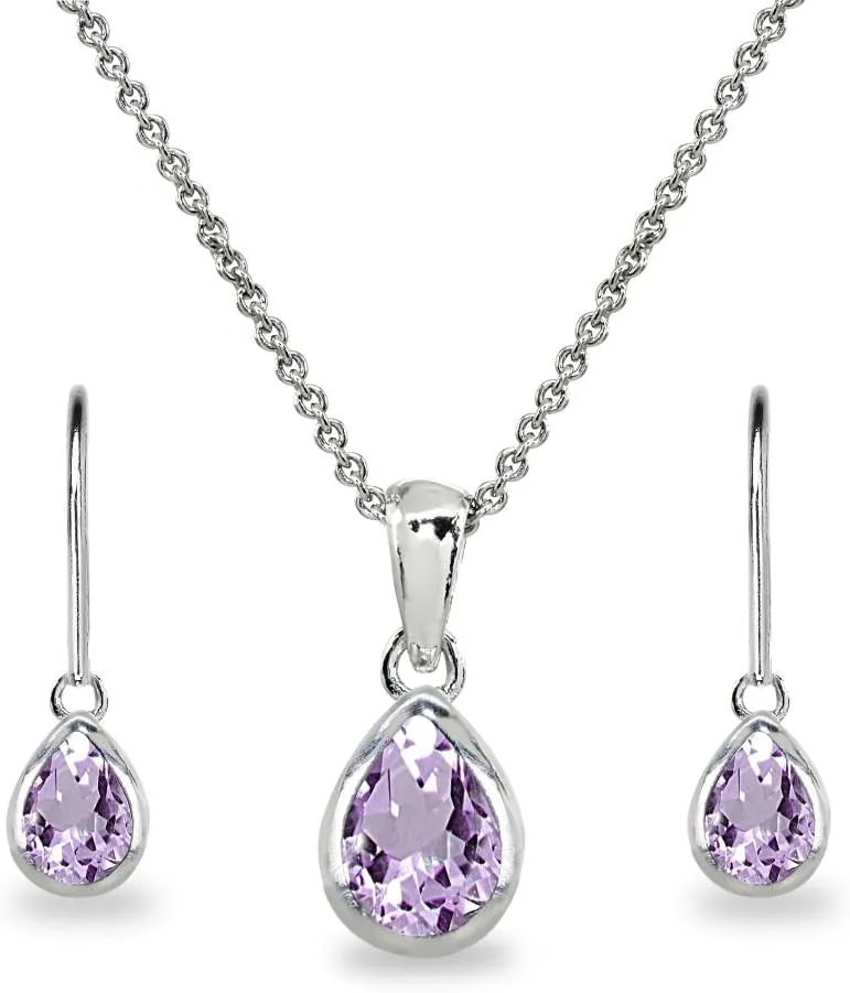 Jewelry Sets for Women, Necklace and Earring Set for Women, Birthstone Jewelry, Genuine or Synthetic Gems, Teardrop Bezel, Pendant Necklace, Short Necklace, Dangle Earrings, Sterling Silver Jewelry