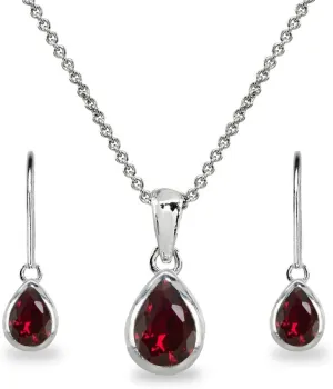 Jewelry Sets for Women, Necklace and Earring Set for Women, Birthstone Jewelry, Genuine or Synthetic Gems, Teardrop Bezel, Pendant Necklace, Short Necklace, Dangle Earrings, Sterling Silver Jewelry
