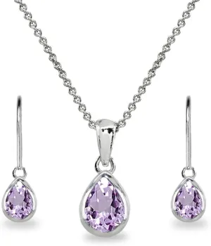Jewelry Sets for Women, Necklace and Earring Set for Women, Birthstone Jewelry, Genuine or Synthetic Gems, Teardrop Bezel, Pendant Necklace, Short Necklace, Dangle Earrings, Sterling Silver Jewelry