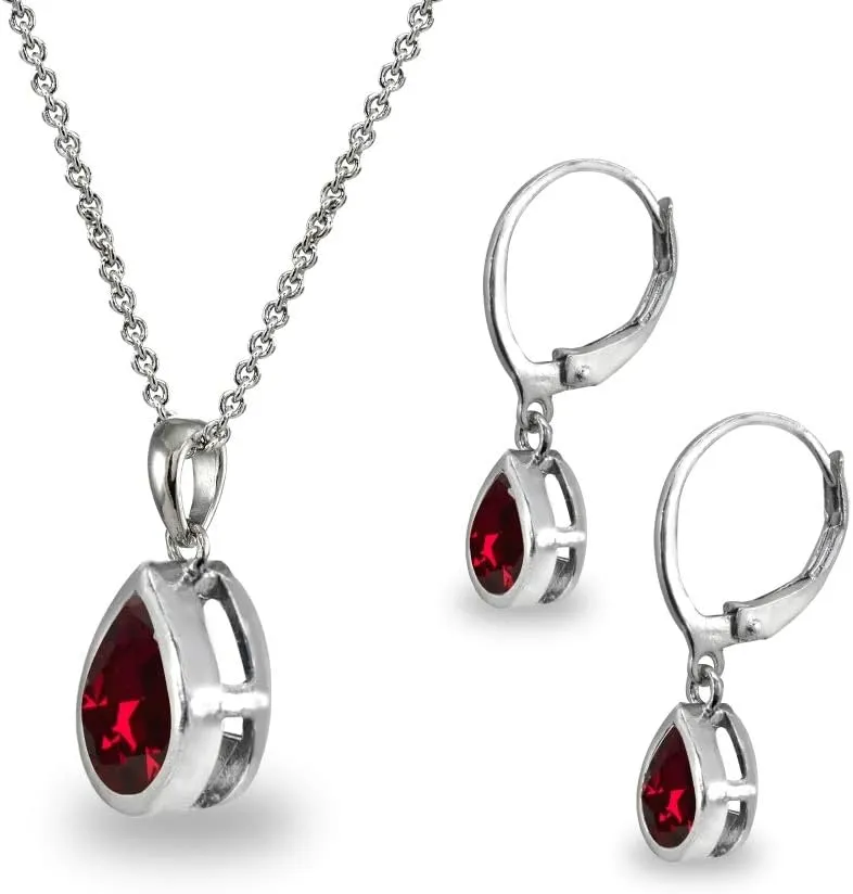 Jewelry Sets for Women, Necklace and Earring Set for Women, Birthstone Jewelry, Genuine or Synthetic Gems, Teardrop Bezel, Pendant Necklace, Short Necklace, Dangle Earrings, Sterling Silver Jewelry