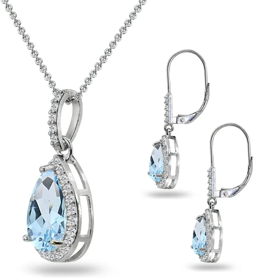 Jewelry Sets for Women, Necklace and Earring Sets for Women, Birthstone Jewelry, Genuine or Synthetic Gemstones, Teardrop Necklace and Dangle Earrings, Pendant Necklace, Sterling Silver Jewelry