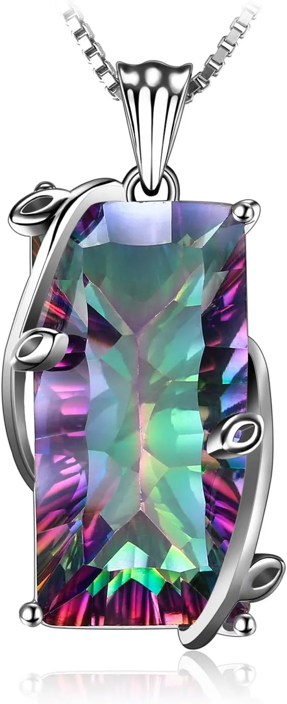 JewelryPalace Multicolor Luxurious 15.2ct Rectangle Genuine Mystic Quartz Pendant Necklaces for Women, 14K White Yellow Rose Plated Gold 925 Sterling Silver Natural Gemstones, 18 Inches Chain