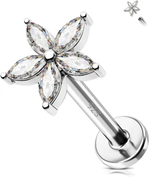 Jewseen 925 Sterling Silver Flat Back Earrings 16g Internally Threaded Cartilage Stud Flower Lip Stud Nose Stud Helix Earrings for Women Men