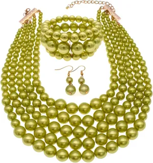 JNF Large Faux Pearl Necklaces for Women Multi strand Pearl Necklace Bracelet and Earrings Set Costume Pearls Necklace Jewelry Ladies