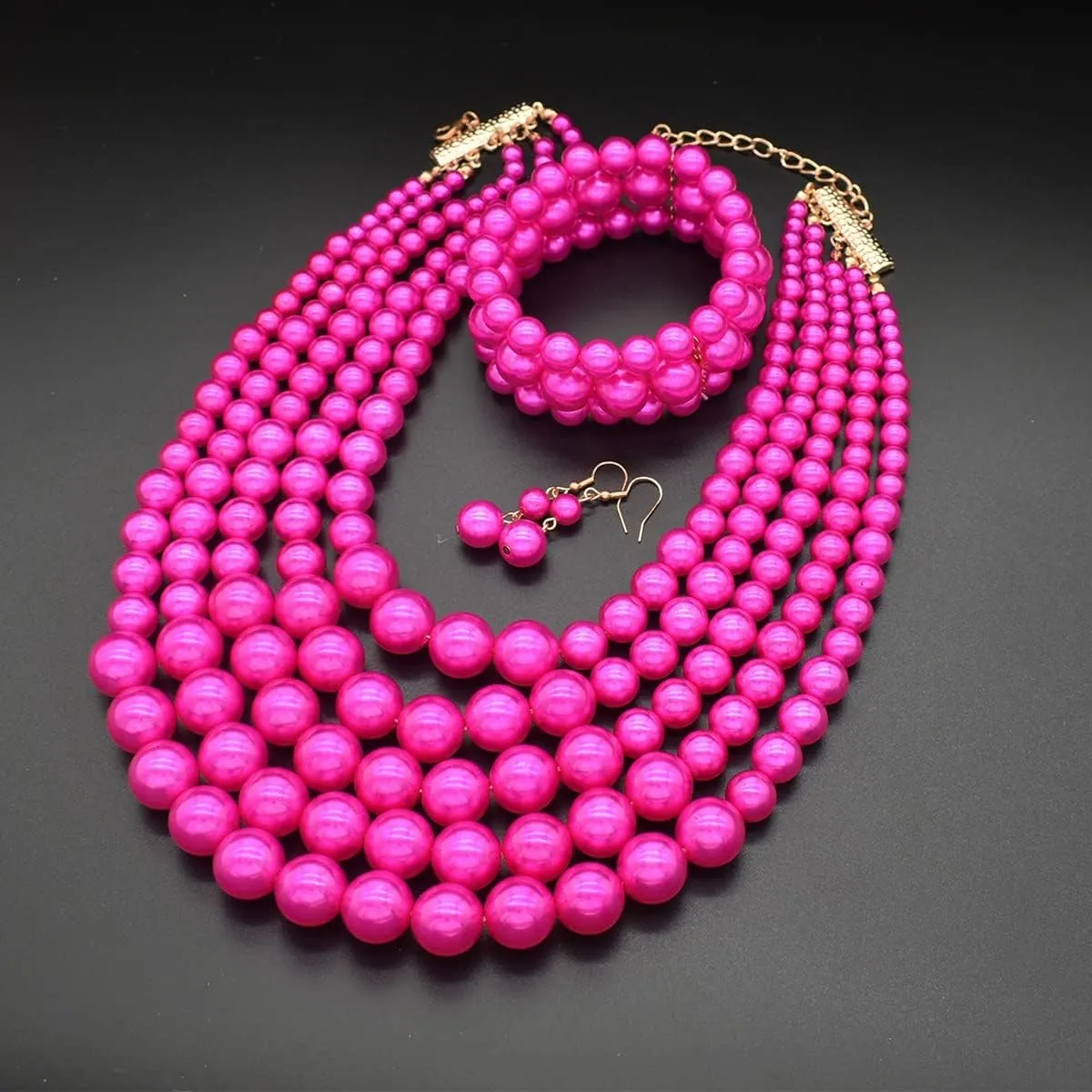 JNF Large Faux Pearl Necklaces for Women Multi strand Pearl Necklace Bracelet and Earrings Set Costume Pearls Necklace Jewelry Ladies