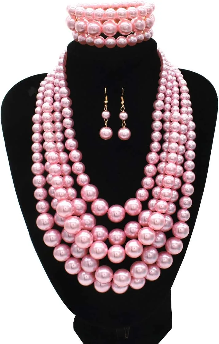 JNF Large Faux Pearl Necklaces for Women Multi strand Pearl Necklace Bracelet and Earrings Set Costume Pearls Necklace Jewelry Ladies