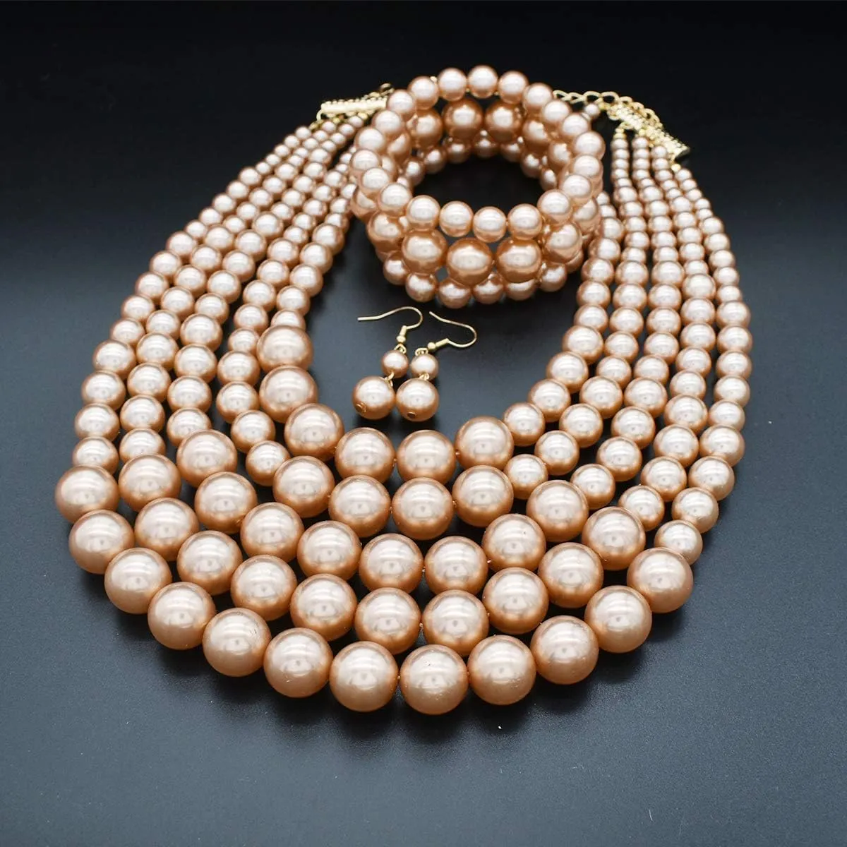 JNF Large Faux Pearl Necklaces for Women Multi strand Pearl Necklace Bracelet and Earrings Set Costume Pearls Necklace Jewelry Ladies