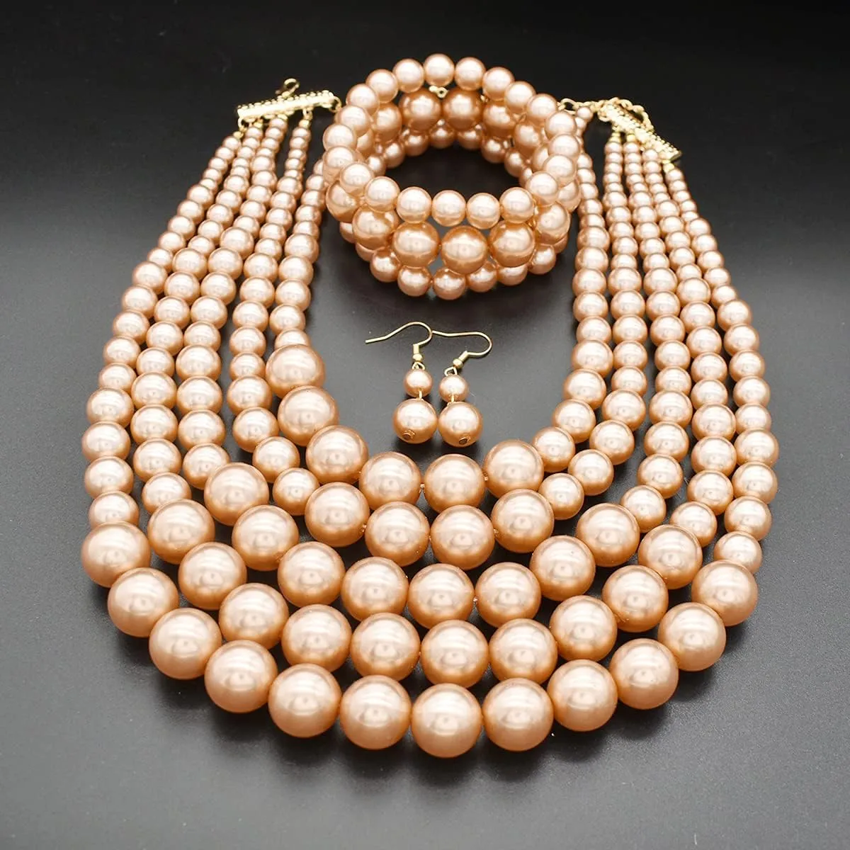JNF Large Faux Pearl Necklaces for Women Multi strand Pearl Necklace Bracelet and Earrings Set Costume Pearls Necklace Jewelry Ladies