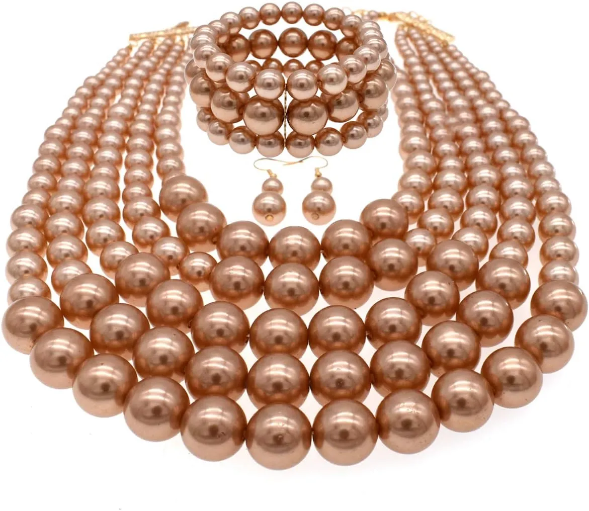 JNF Large Faux Pearl Necklaces for Women Multi strand Pearl Necklace Bracelet and Earrings Set Costume Pearls Necklace Jewelry Ladies
