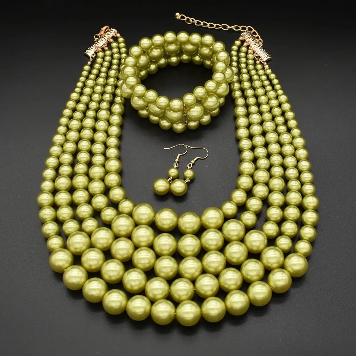 JNF Large Faux Pearl Necklaces for Women Multi strand Pearl Necklace Bracelet and Earrings Set Costume Pearls Necklace Jewelry Ladies