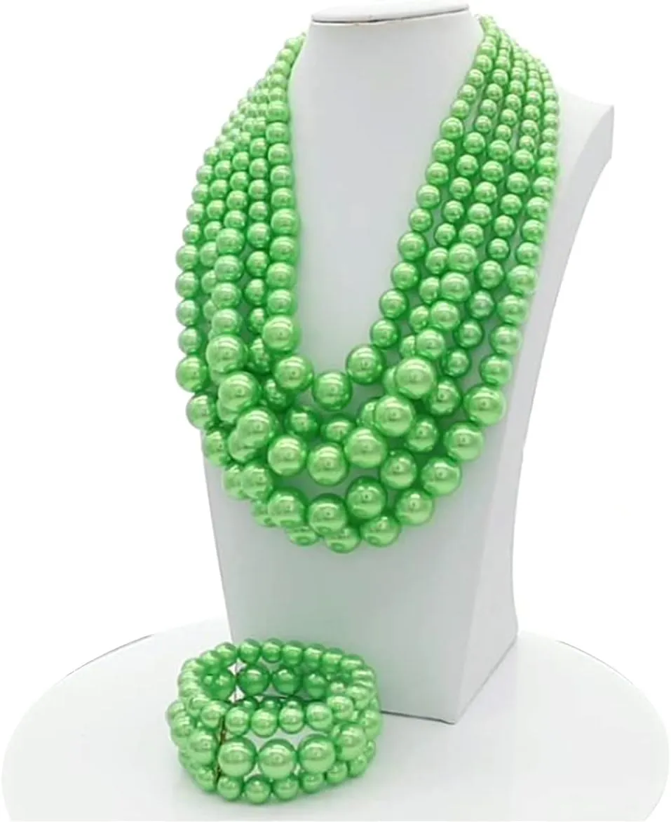 JNF Large Faux Pearl Necklaces for Women Multi strand Pearl Necklace Bracelet and Earrings Set Costume Pearls Necklace Jewelry Ladies