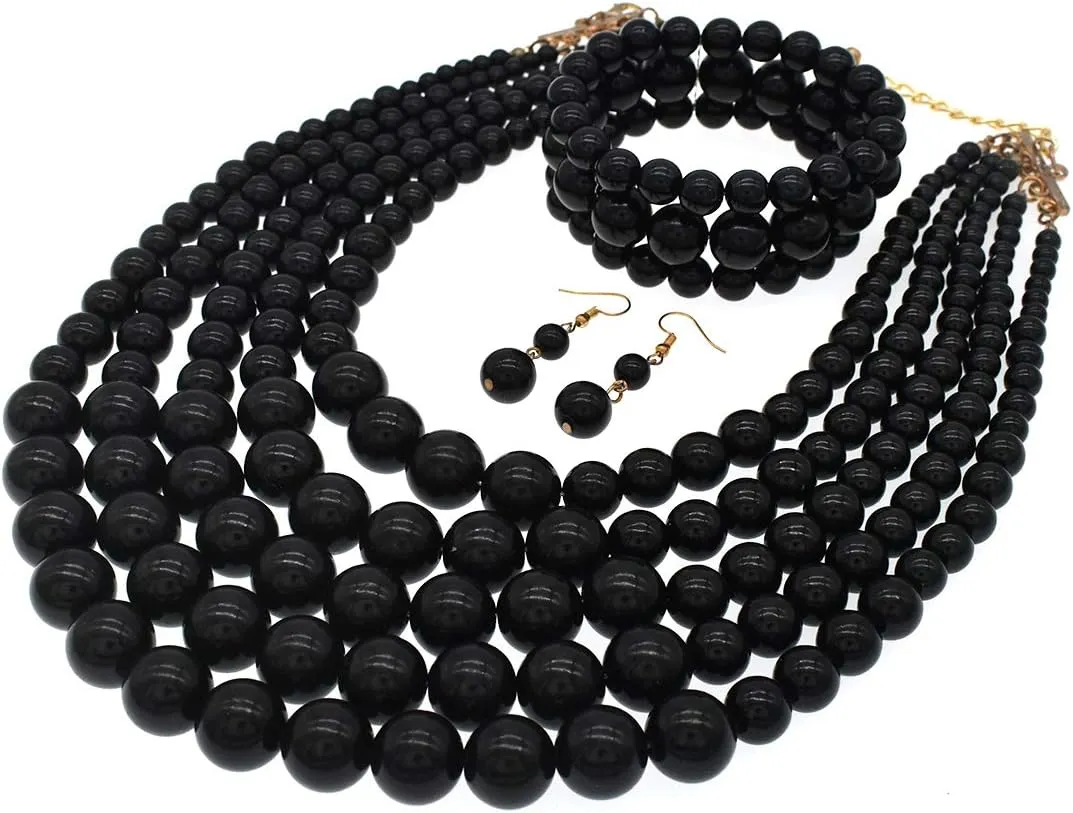JNF Large Faux Pearl Necklaces for Women Multi strand Pearl Necklace Bracelet and Earrings Set Costume Pearls Necklace Jewelry Ladies