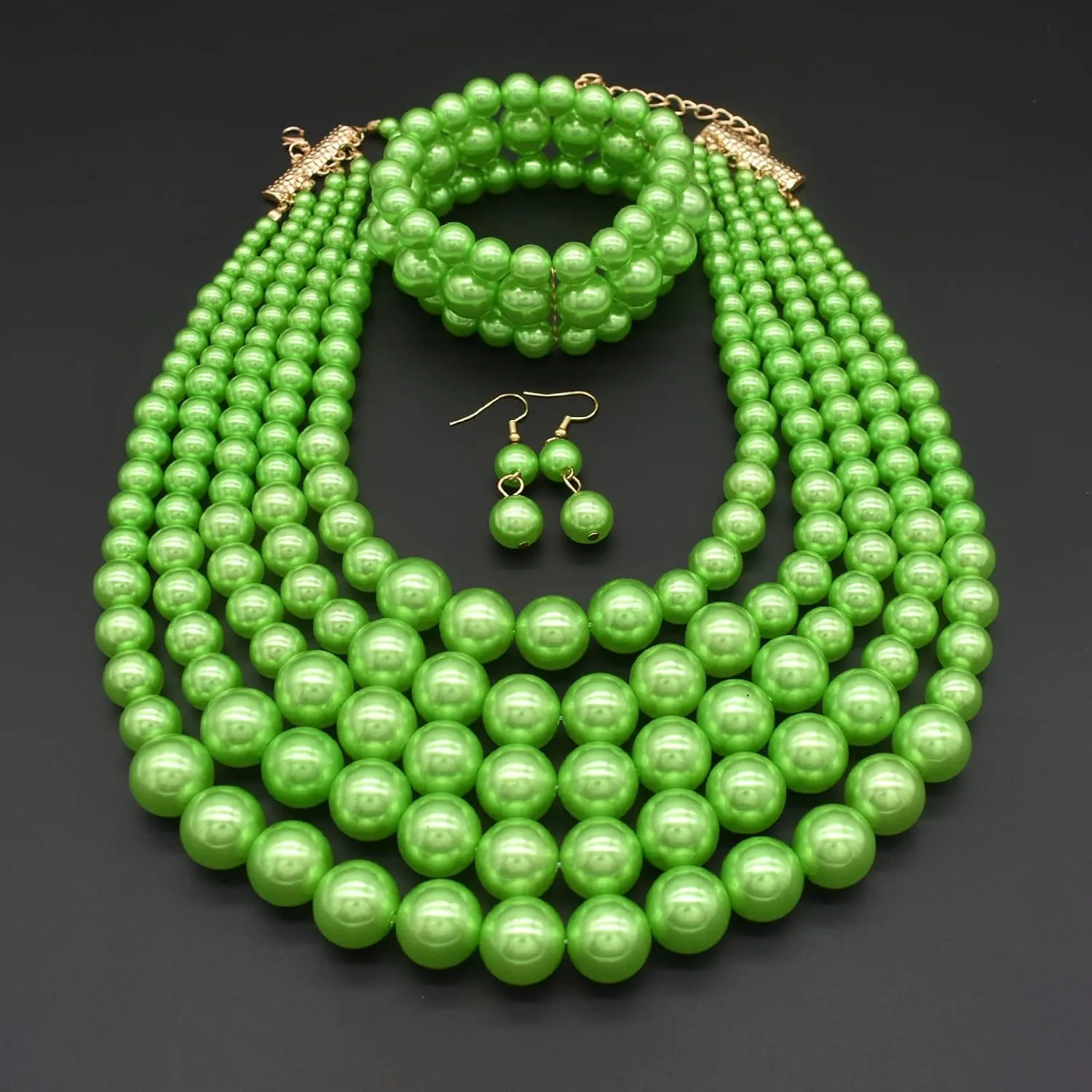 JNF Large Faux Pearl Necklaces for Women Multi strand Pearl Necklace Bracelet and Earrings Set Costume Pearls Necklace Jewelry Ladies