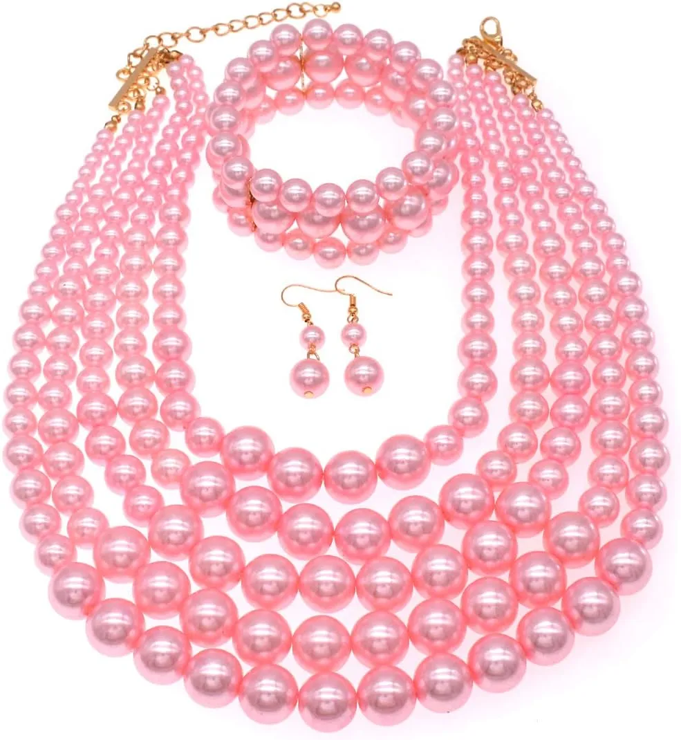 JNF Large Faux Pearl Necklaces for Women Multi strand Pearl Necklace Bracelet and Earrings Set Costume Pearls Necklace Jewelry Ladies