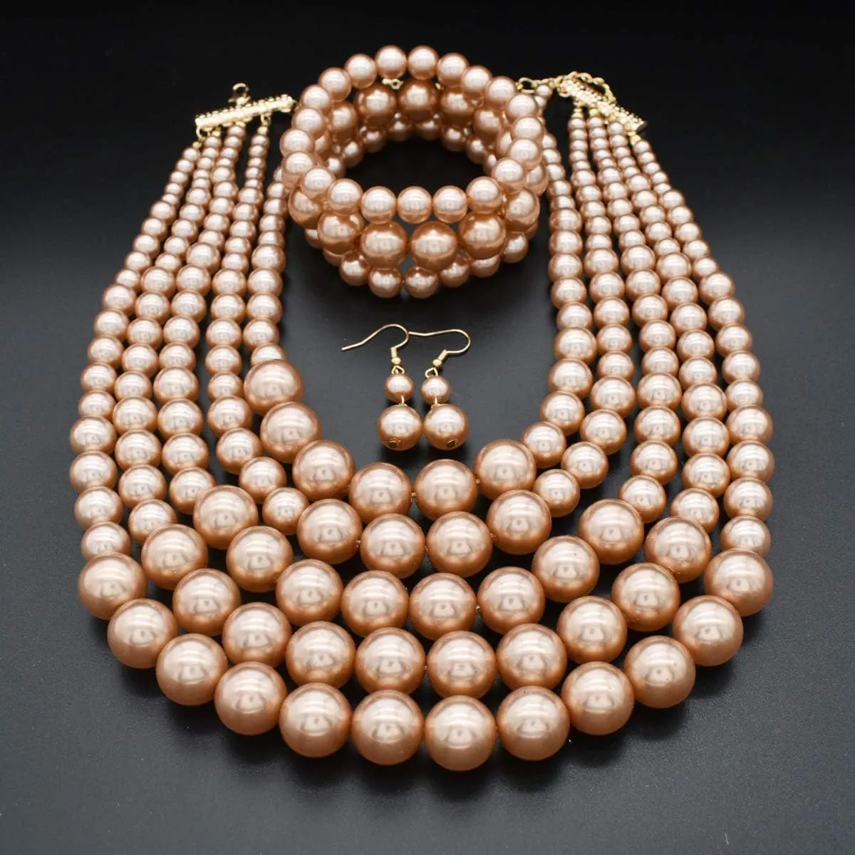 JNF Large Faux Pearl Necklaces for Women Multi strand Pearl Necklace Bracelet and Earrings Set Costume Pearls Necklace Jewelry Ladies