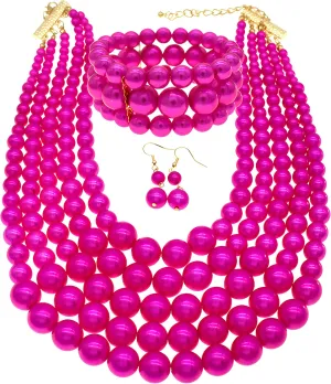 JNF Large Faux Pearl Necklaces for Women Multi strand Pearl Necklace Bracelet and Earrings Set Costume Pearls Necklace Jewelry Ladies