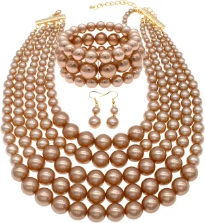 JNF Large Faux Pearl Necklaces for Women Multi strand Pearl Necklace Bracelet and Earrings Set Costume Pearls Necklace Jewelry Ladies