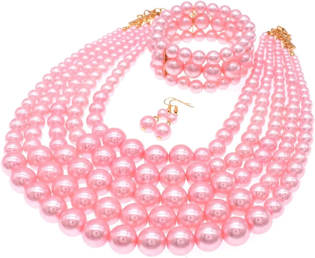 JNF Large Faux Pearl Necklaces for Women Multi strand Pearl Necklace Bracelet and Earrings Set Costume Pearls Necklace Jewelry Ladies