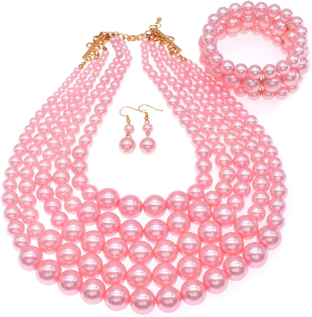 JNF Large Faux Pearl Necklaces for Women Multi strand Pearl Necklace Bracelet and Earrings Set Costume Pearls Necklace Jewelry Ladies