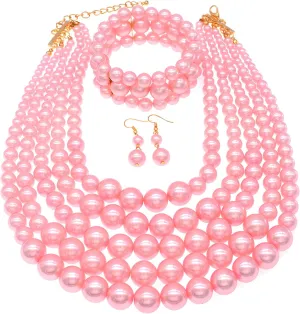JNF Large Faux Pearl Necklaces for Women Multi strand Pearl Necklace Bracelet and Earrings Set Costume Pearls Necklace Jewelry Ladies
