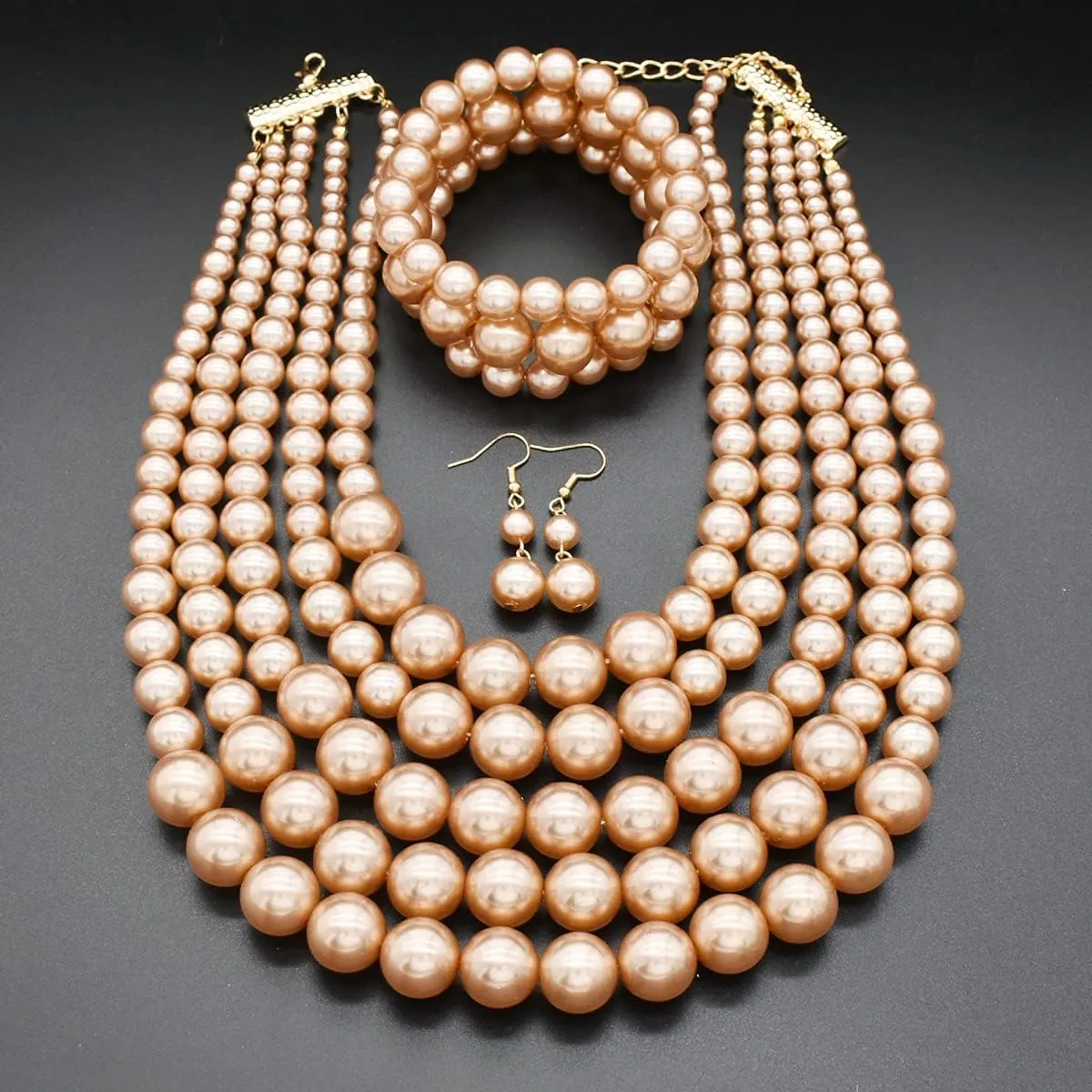 JNF Large Faux Pearl Necklaces for Women Multi strand Pearl Necklace Bracelet and Earrings Set Costume Pearls Necklace Jewelry Ladies