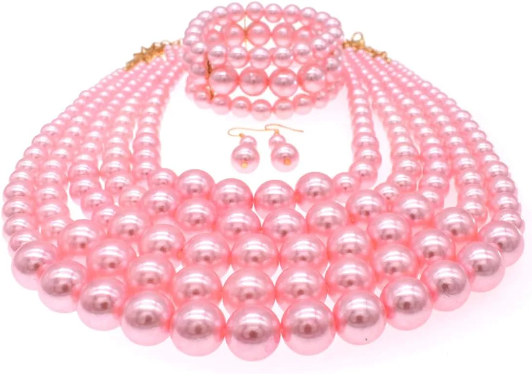 JNF Large Faux Pearl Necklaces for Women Multi strand Pearl Necklace Bracelet and Earrings Set Costume Pearls Necklace Jewelry Ladies