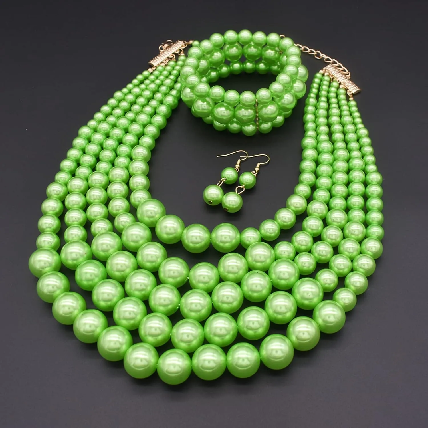 JNF Large Faux Pearl Necklaces for Women Multi strand Pearl Necklace Bracelet and Earrings Set Costume Pearls Necklace Jewelry Ladies