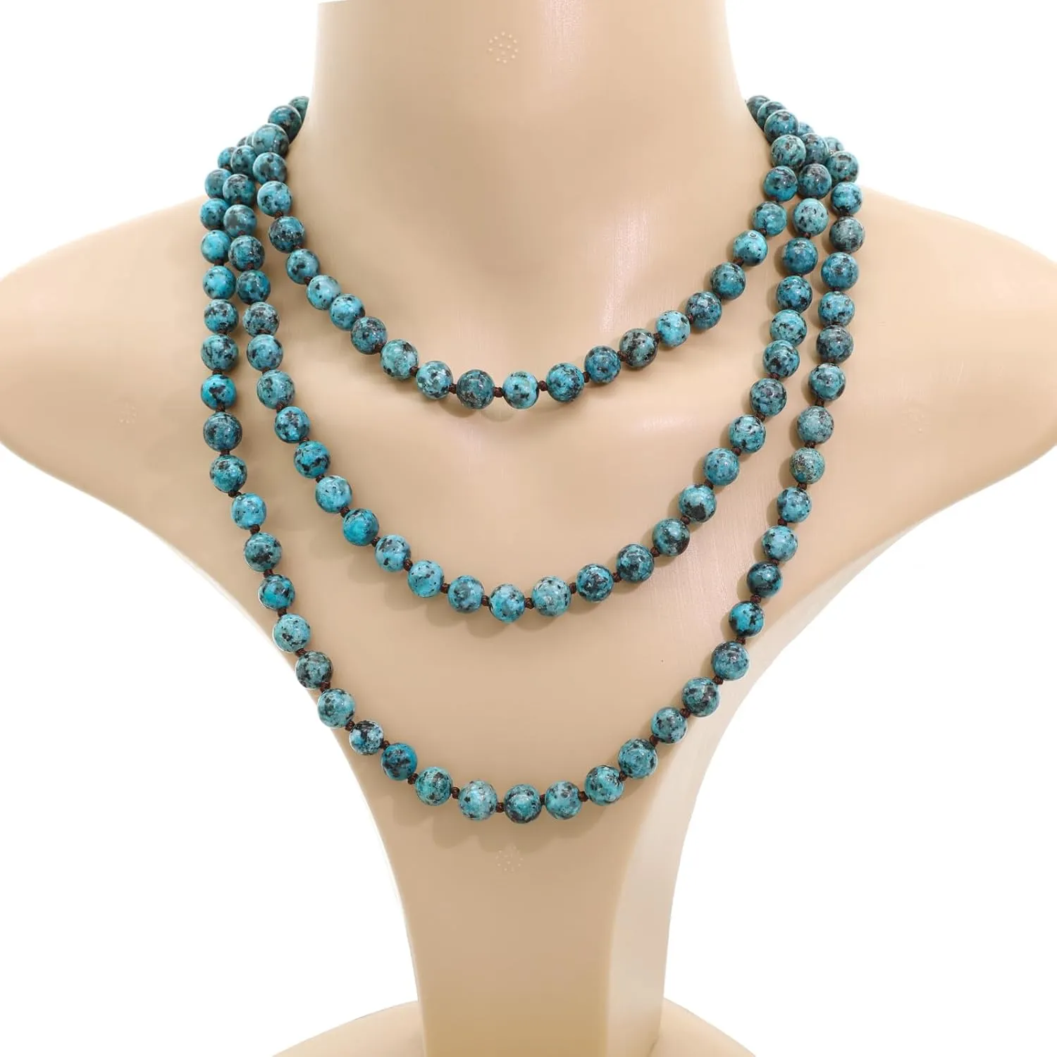 JNF Long Natural Stone necklace Semi-Precious Beaded Necklace for Women Men Handmade Multi Layer Versatile Long Wrap Strands Necklace